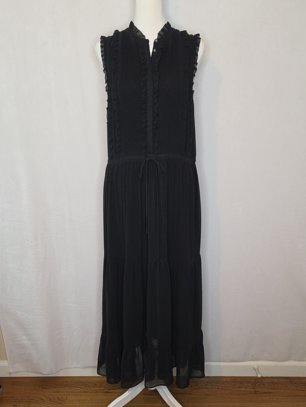 Rebecca Minkoff Black Ruffle goth Pleated Midi Dress witchy Drawstring Waist